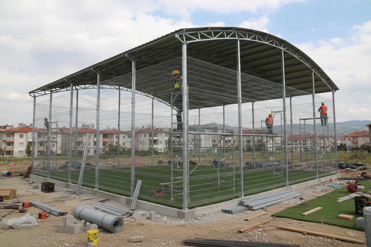 İşçiler çelik konstrüksiyonlu kapalı halı sahanın tel örgülerinin montajını yapıyor.